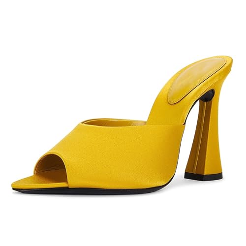 Tiuucoet Women's Open Toe Slip On Mule Sandals, Trendy Flared Block High Heel Slide Sandals, Fashion Backless Dress Party Pumps Shoes SIL Yellow 8.5M