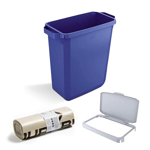 DLM Direct DURABIN - Cubo de basura rectangular azul de 60 litros y tapa gris con bisagras y 25 bolsas ecológicas de plástico reciclado de 110 L con asas de fácil transporte para recogida de basura en