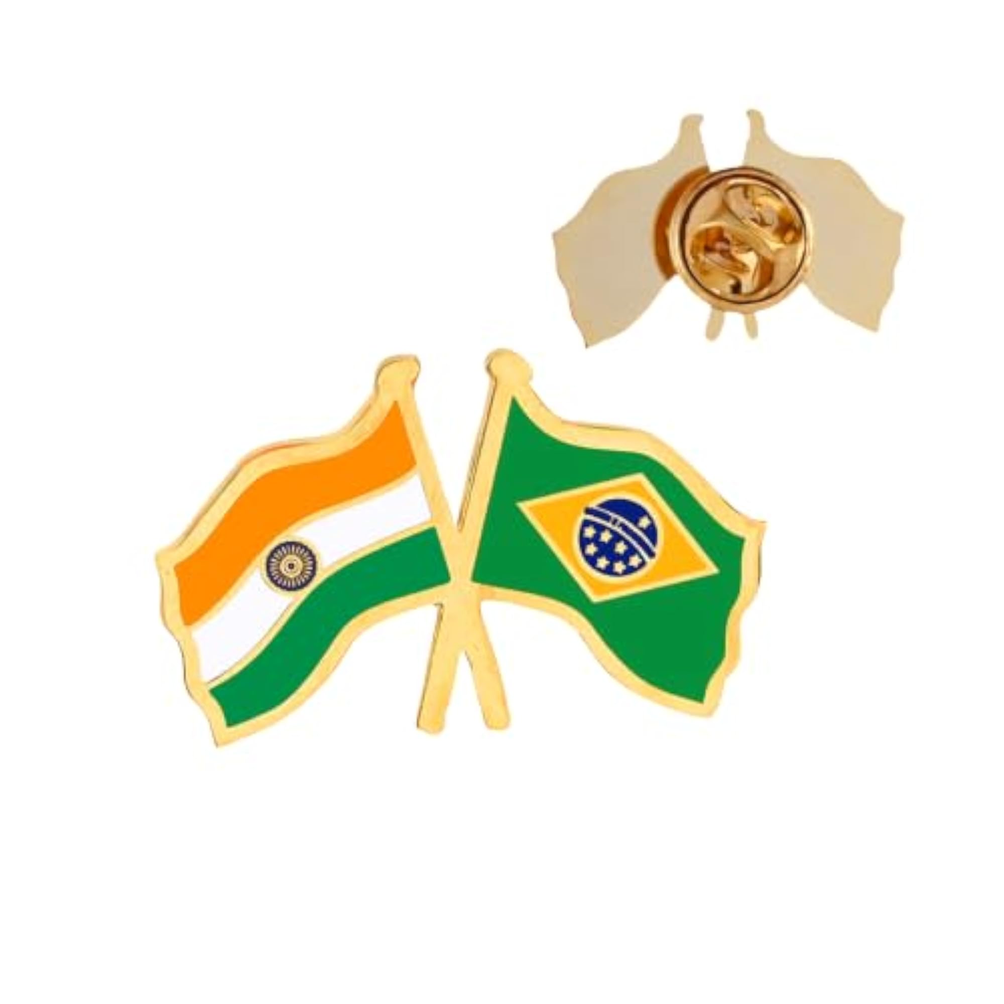 India & Brazil Twin Flag Brass Lapel Pin, Premium Enamel Brooch