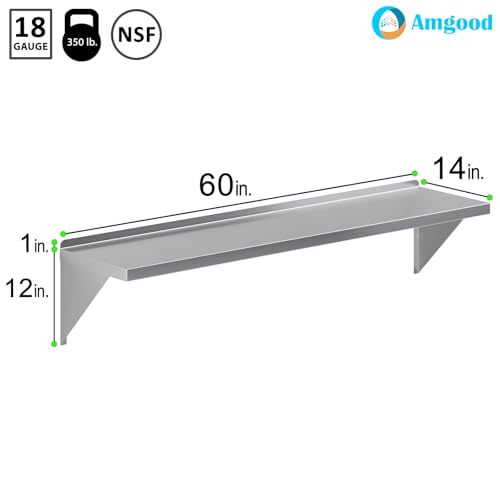 Image of AmGood 14 inch x 60 inch Stainless Steel Wall Shelf | Appliance & Equipment Metal Shelving | NSF | Kitchen, Restaurant, Garage, Laundry, Utility Room | Heavy Duty | Squared Edge