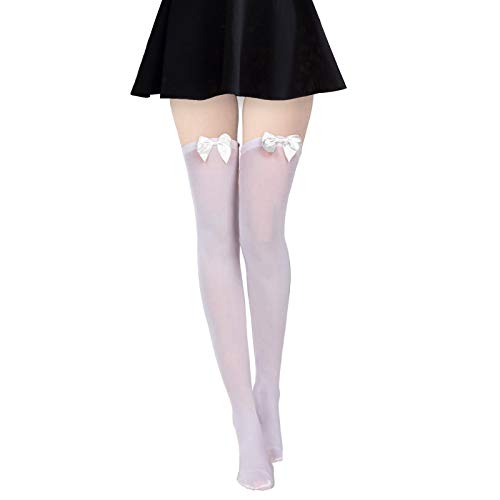 Funnlot Stocking with Bows Fancy Dress Knee High Socks Knee High Socks for Women Halloween Fancy Dress Thigh High Socks Women Stockings with Bow Fancy Dress Women Knee High Sock Girls(White-White)
