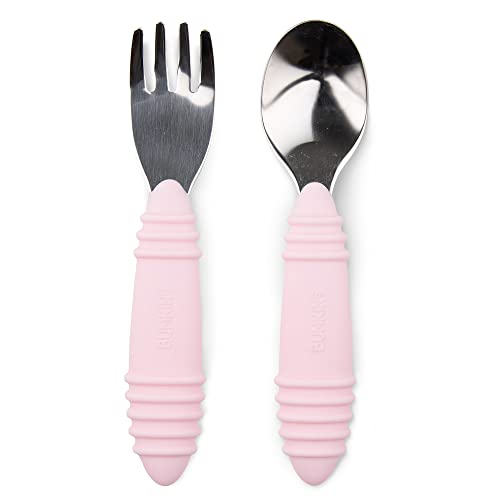 Bumkins Toddler Utensils, Kids Fork and Spoon Set, Silicone and Stainless-Steel Silverware, Angled Forks / Sporks for Self-Feeding, Children Training Flatware Cutlery for 18 Months Up, Pink