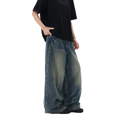 Men Vintage Loose Fit Wide Leg Distressed Denim Pants High Waist Business Casual Office Trousers