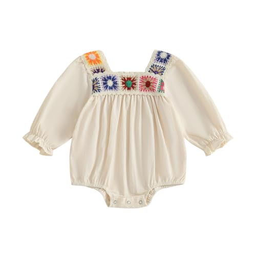 Image of Baby Girl Romper Fall Clothes Ruffle Sleeveless Onesie Crochet Floral Bubble Romper Infant Bodysuit Boho Outfit