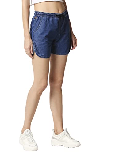 Image of HIGH STAR Women's Navy Blue Washed Slim Fit Denim Shorts (26)