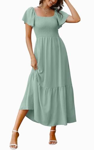 Image of OFEEFAN Summer Dresses for Women Square Neck Ruffle Sleeve Smocked Maxi Dress with Pockets