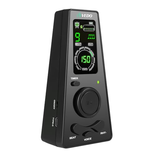 Metrônomo digital VEDO com temporizador, contagem vocal em inglês, operação um toque e display colorido fácil leitura Metrônomo eletrônico com controle volume para piano, guitarra, bateria e violino