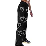 Damen Gerade Hosen Jeans Teenager Mädchen Lose Jeans mit Love Monochrom Graffiti Bedruckte Casual Fashion Jeanshose Straight Herz Freizeithosen Frühling Alltagskleidung Lange Hose