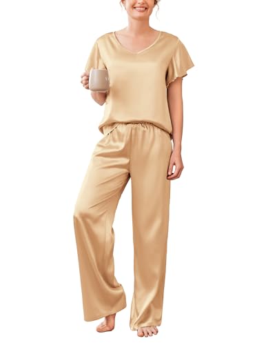 Image of Ekouaer Women's Satin Silky Pajama Set 2 Piece Short Sleeve Shirt with Long Pants Pjs Sets Soft PJ Loungewear S-XXL