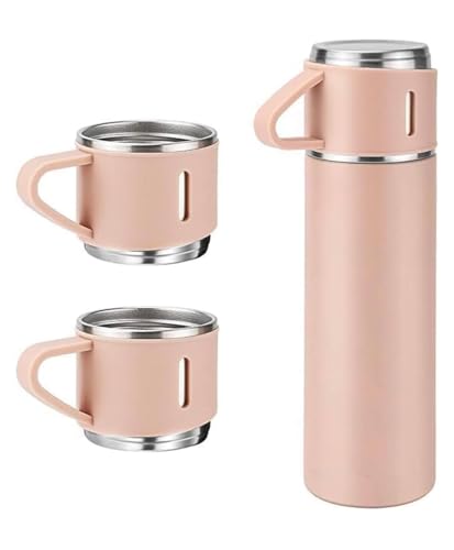 Image of Double Wall Stainless Steel Thermo 500ml Vacuum Insulated Bottle Water Flask Gift Set with Two Cups Hot & Cold Diwali Gifts for Employees Corporate Gift Items (Peach*)(Multi Colour)