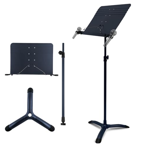 RANMING Music Stand Heavy Duty Music Stand Dual-Use Folding Sheet Music Stand Adjustable Music Note Stand with Microphone Holder Conductor's Sheet Music Stand for Violin,Orchestra (Black Blue)