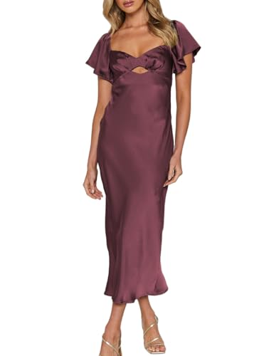 Image of Summer Satin Flutter Sleeve Wedding Guest Dresses for Women Sweetheart Neckline Cutout Tie Back Midi Cocktail Dress