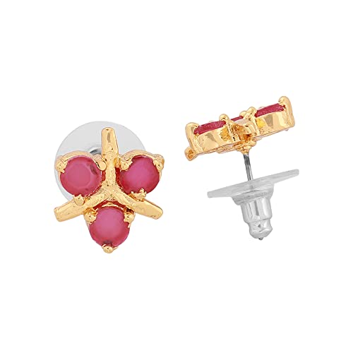 24Kt Plated Stone-Studded Floral Stud Earrings with Ruby CZ