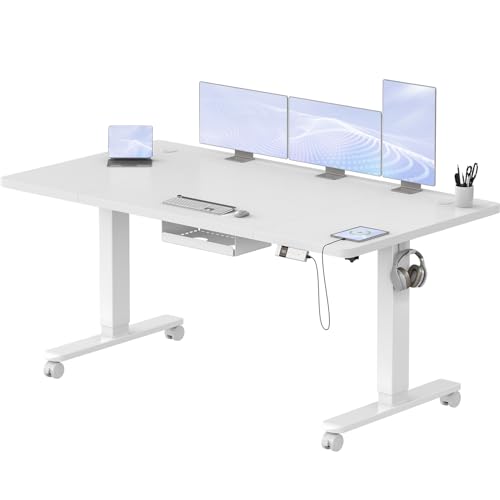 Airfish Elektrisch Höhenverstellbarer Schreibtisch 160x80cm mit Typ-C-Buchse, Elektrischer Schreibtisch Höhenverstellbar mit 18MM Tischplatte und Kabel Management Tray Steh-Sitz Tisch Stehpult Weiß