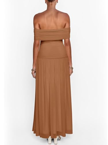 Image of MASCOMODA Women Off The Shoulder Mesh Maxi Dress Bodycon Ruched Formal Sleeveless Pleated Cocktail Wedding Guest Long Dresses