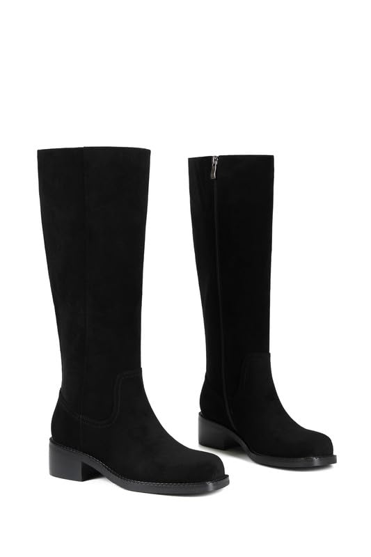 Image of ZJA Knee High Boots Square Toe Boots Low Heel Flat Long Boots for Women Dress Chunky Comfortable Tall Boots