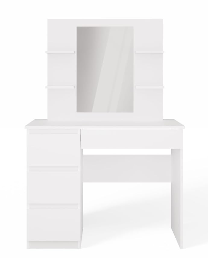 BDW - Schminktisch mit Spiegel Weiß - Make Up Tisch mit Schubladen - Minimalistisches Design, mit Regalen, für Schlafzimmer oder Ankleidezimmer - 146 x 98 x 51 cm - Links