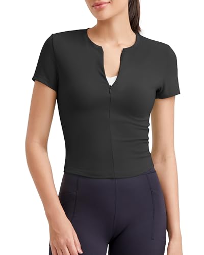 Image of G4Free BareFeel Womens Workout Tops Short Sleeve Half Zip Slim Fit Athletic Shirts Gym Running Yoga Slight Crop Tshirts
