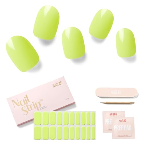 NAILOG Semi Cured Gel Nail Strips, 20Pcs Green Long Lasting Stickers, Salon Quality Easy Apply & Remove Works with Any UV/LED Nail Lamps for Summer, Lime Bomb