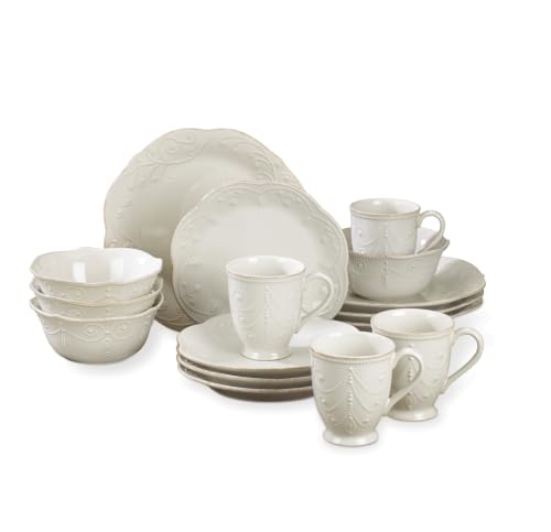 Image of Lenox Dinnerware Set, French Perle White 16-Piece Set, Service For 4, Stoneware Material, Dishwasher Safe, Microwave Safe, Plates, Bowls, Mugs, Plates and Bowls, Dishes (White, 16 Piece)