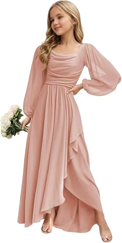 Long Sleeve Junior Bridesmaid Dress Ruffle Square Neck Flower Girl Dress for Wedding Party Pageant Gowns2