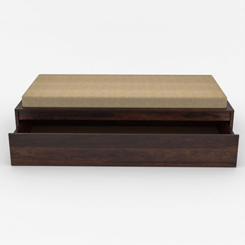 Image of Wooden Single Size Bed for Living Room, Drawing Room & Bedroom | Space Saving Wooden Cot /Palang /Diwan with Trundle Drawer Storage | Solid Sheesham Wood, Walnut Finish