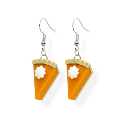 Handmade Pumpkin Pie Dangle Earrings, Fall Earrings, Plastic, 1.5 Inch Length, Whipped Cream Design, Novelty Dessert Theme, Silver-Tone Fish Hook, Party Wear, 2 Pieces