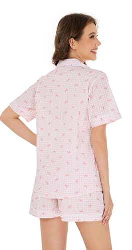 Image of LUBOT 100% Cotton Women's Pajamas Set Button-Down Two-piece PJ Set Short Sleeve Printed Patterned Summer Sleepwear Loungewear (Plaid Bows, M)