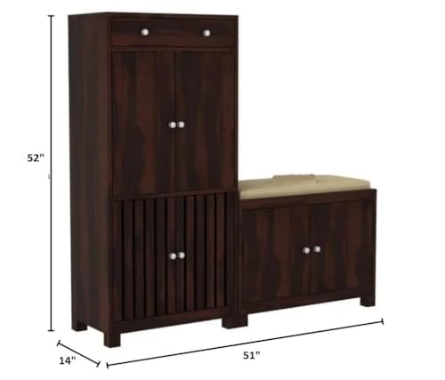 Image of Sheesham Wood Shoe Cabinet with Seating | Wooden Shoe Rack for Home | Shoe Rack with Door | Storage Cabinet for Living Room | Walnut Finish | 51x14x52 Inches