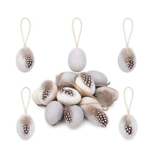 NaDeco 12x Ostereier zum Aufhängen – Osterdeko mit Federn & Jutekordel – Wachteleier Optik aus Kunststoff – Frühlingsdeko für Osterstrauch, Osterbaum & Tisch – Dekoeier Set 6x4 cm,ㅤWeiß-Blau
