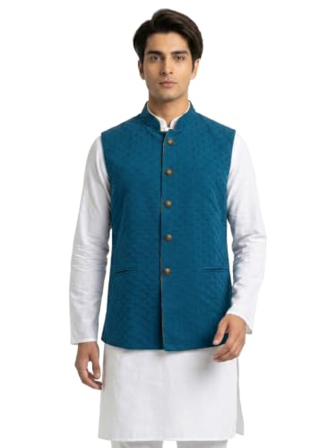 Image of Men Regular Fit Reversible: Soild, Embroidery Pattern Pure Cotton Mandarin Collar Sleeveless Festive Bundi