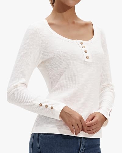 Stelle Women's Long Sleeve Henley T Shirts Scoop Neck Ribbed Knit Shirts Basic 2026 Fall Fashion Outfits White X-Small — view 2