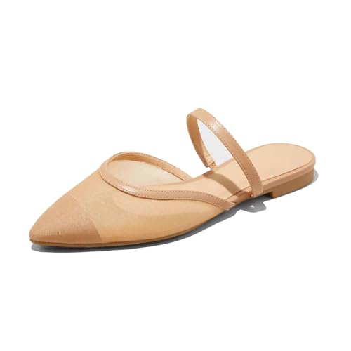 Image of Mesh Mules for Women Comfy Raffia Woven Strap Closed Pointed Toe Mule Flats Casual Slip on Dress Slides Flats