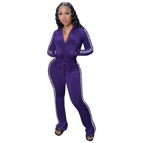 yidengymx Womens 2 Piece Velour Tracksuit Two Piece Outfits for Women Long Sleeve Zip Up Crop Tops Sweatpants Sets Pockets