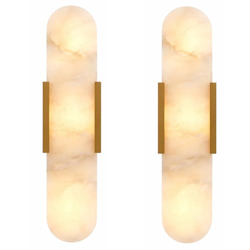 RENSTARYAN Alabaster Wall Sconce Natural Marble Wall Light Modern White Stone Wall Mounted Lighting Fixture for Bathroom Vanity Bedroom Living Room Hallway Stairs Entryway (Gold 2PCS)