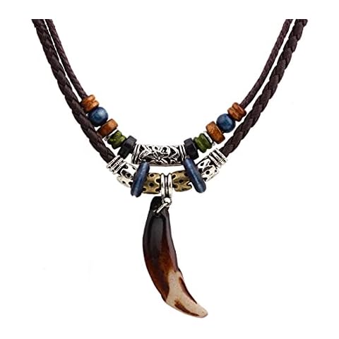 Aabellay Men Leather Tribal Necklace Vintage Bohemian Style Double Layers Braided Beaded Pendant Necklace Boho Hipppie Ethnic Wooden Tooth Rope Beads Choker for Women and Men - WT Cover