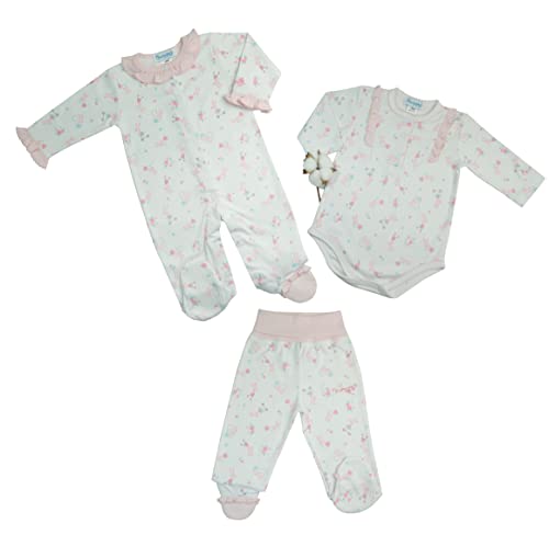 PeruWeekend ME & MY BABY - SET 3 PIECES BABY GIRLS - FOOTIE WITH FOOT, BODYSUIT AND PANTS WITH FOOT - BUNNIES PRINT (12MOS)