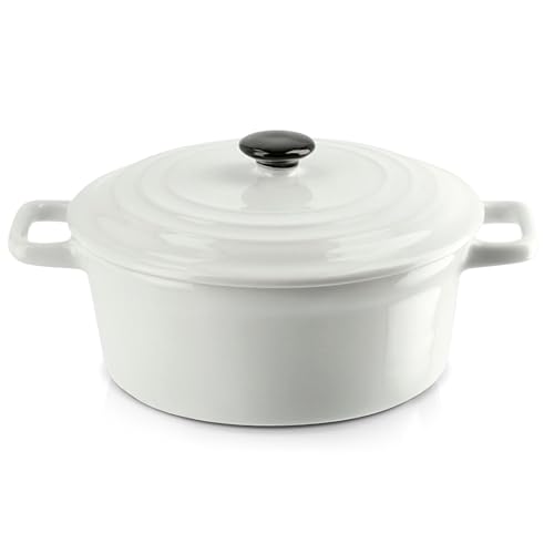 KHG Auflaufform mit Deckel, Weiß 0,5 Liter klein, Keramik Steingut rund, Servierform mit Griffen, ofenfest 200°C & mikrowellenfest, Schmortopf, Mini-Bräter, Mini-Cocotte