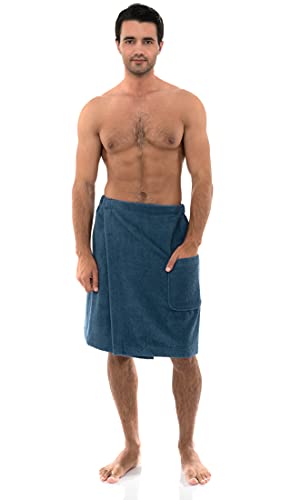Image of TowelSelections Mens Shower Wrap Adjustable Cotton Terry Bath Gym Cover Up with Snaps Small-Large Stellar Blue