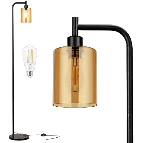 Ziisee Floor Lamp Bundle Standing Lamp with Amber Glass Lampshade, Modern Floor Lamp with LED Bulbs, Bright Industrial Floor Lamp for Bedroom, Black Tall Lamp for Office(Light Bulb Included) Cover