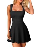 OQQ Women's Square Neck A-line Dress Sleeveless Tank Top Stretch Flare Mini Dresses Black