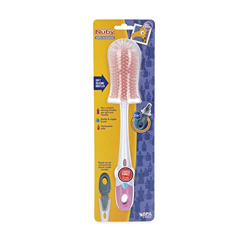 Image of Nuby Soft Non-Scratch Silicone Bristle Bottle & Nipple Brush with Looped Handle, Pink