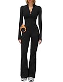 AEEZO Womens Fleece Lined Workout Flared Jumpsuits Zip Up Thermal Yoga Rompers Sexy Wide Leg One Piece Bodysuit
