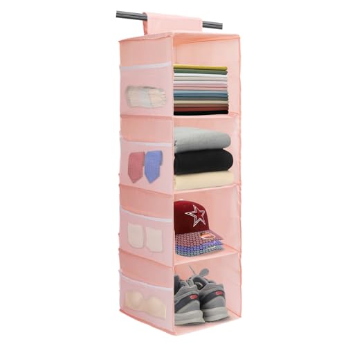 Image of 4-Shelf Hanging Closet Organizer, Space Saver, Closet Hanging Storage Shelves with Mesh Pockets & Magic Tap for Storage, Foldable-Pink