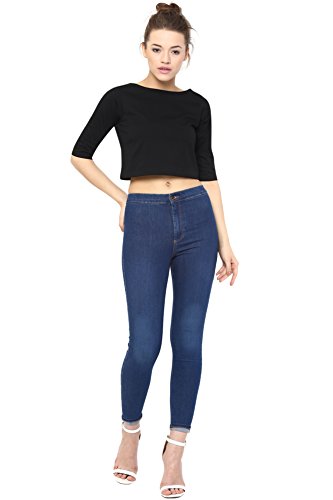Image of Miss Chase Women's Black Boat Neck Half Sleeves Casual Buttoned Crop Top