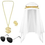 Mepase 4 Pcs Dubai Arab Costume Accessories Halloween Dubai Hat Scarf Dollar Sign Money Chain Sunglasses Ring Rapper Turban White Arab Wrap for Cosplay 80s 90s Men Hip Hop
