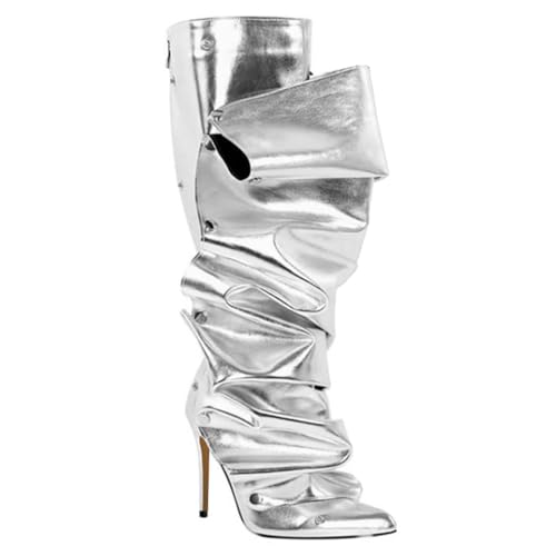 Women's Silver Knee High Boots - Sexy Stiletto Heel Pointed Toe Booties - Trendy, Edgy - All Seasons - Casual - Women's Fashion Boots2