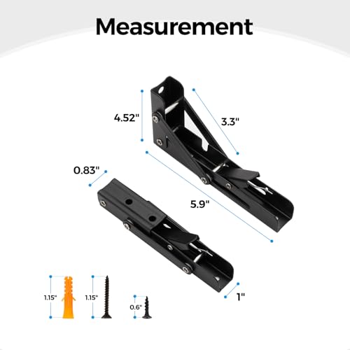 Image of 6 Inch Folding Shelf Brackets, 2 Pack (1 Pairs) Heavy Duty Metal Collapsible Wall-Mounted Brackets, Space-Saving DIY Foldable Shelf for Benches and Tables, Matte Black
