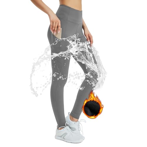 SP3LOPS Fleece Lined Leggings Women,Waterproof Winter Thermal Leggings for Women, Thick Warm Lined Yoga Pant Pockets Grey