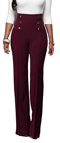 LROSEY Women's Sexy Button Down Stretchy Straight Leg High Waisted Long Pants Flare Trousers Plus Size Wine